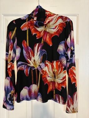Black Floral Long-Sleeve Women's Top with Red & Purple Blooms